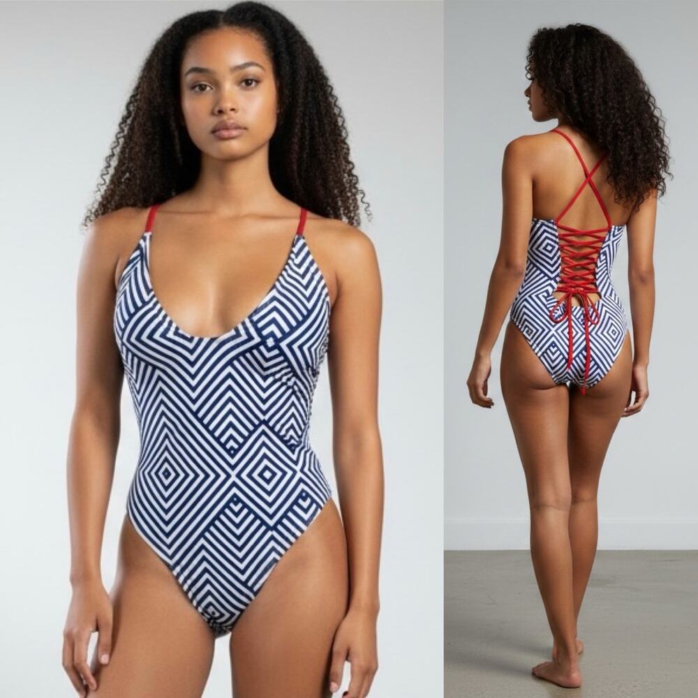 YMI White, Blue, Red Geometric Pattern Corset Back One Piece Swimsuit Size S